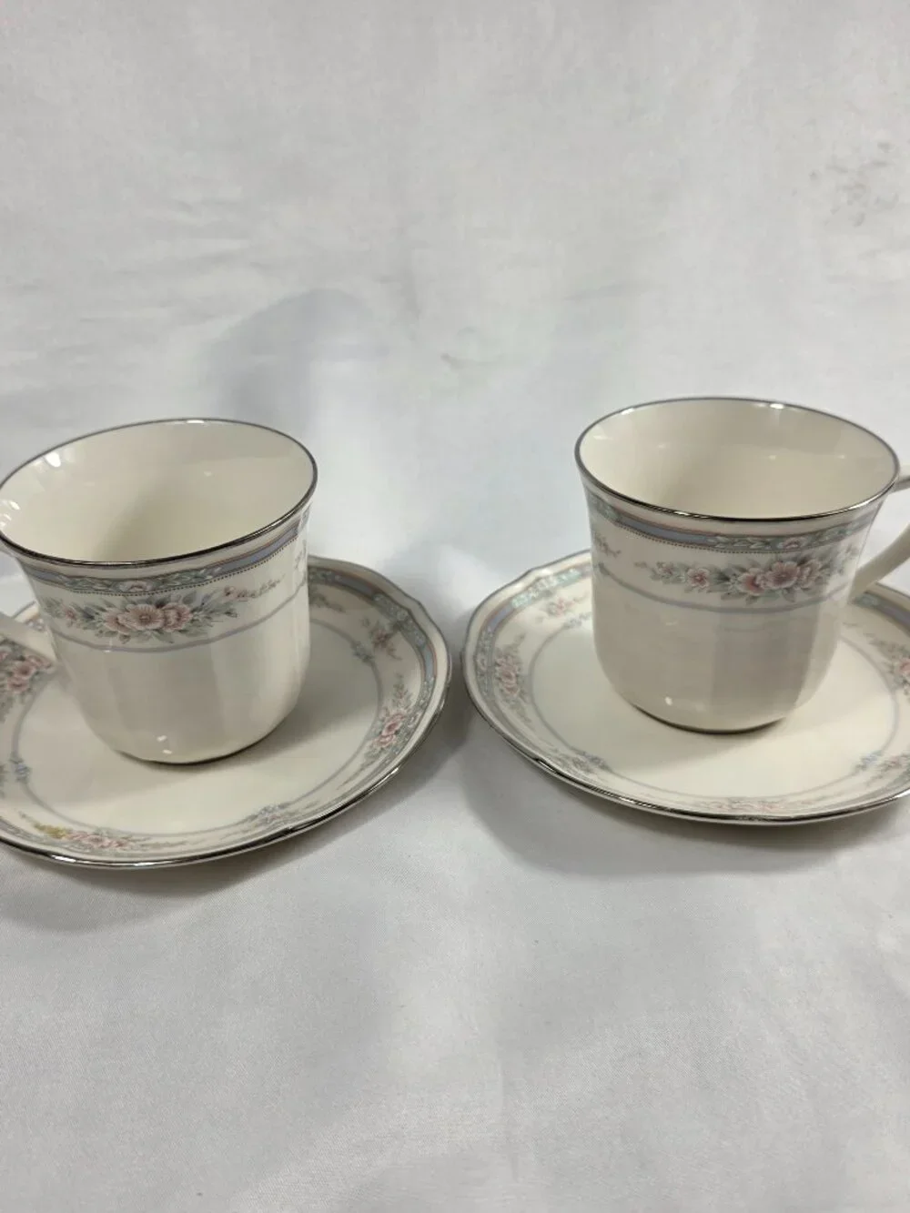 TWO Noritake Rothschild Cup & Saucer Sets Ivory Blue Band with Pink Flowers
